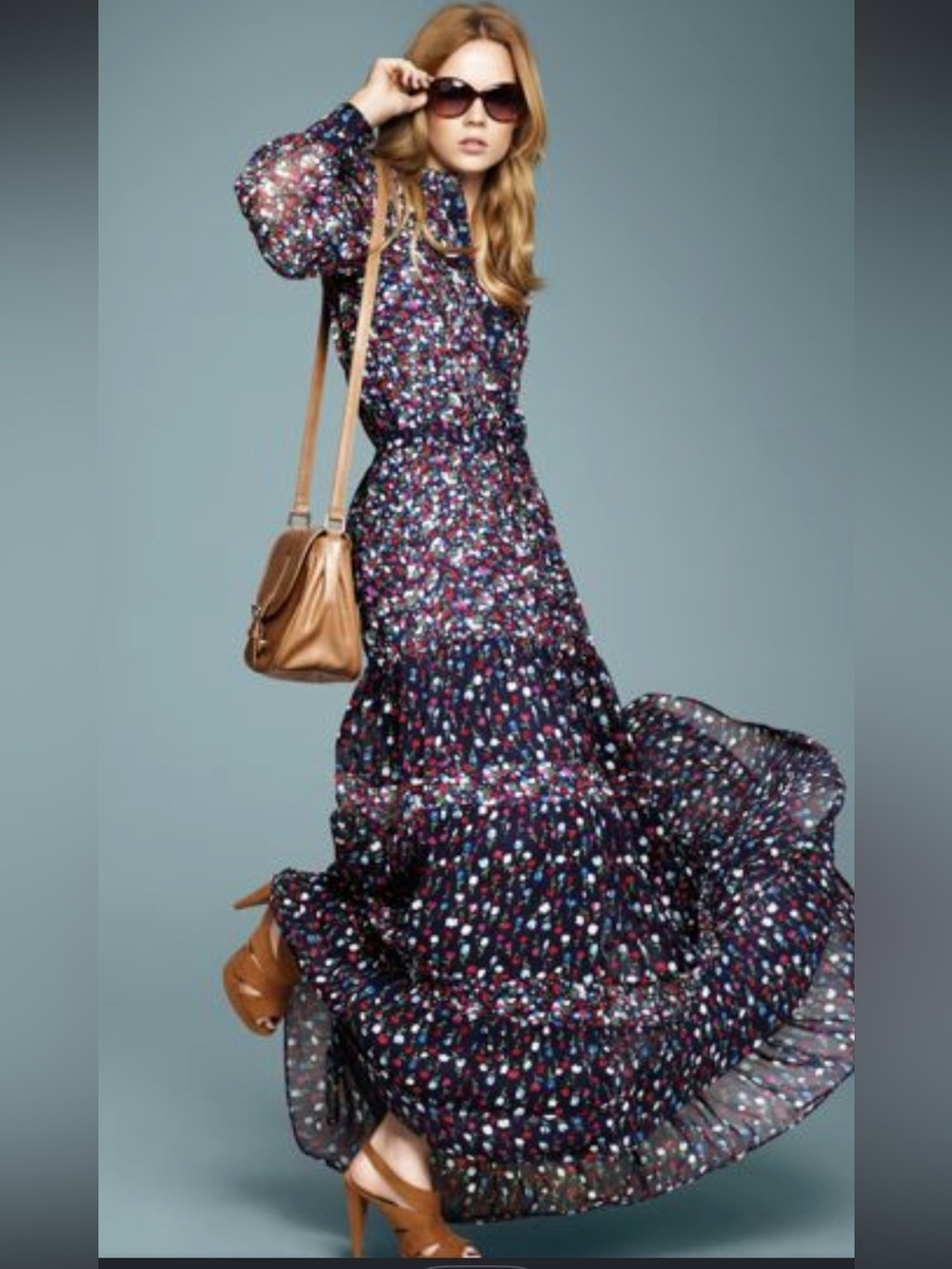 MNG Mango Romantic Women's Navy Floral Flowy Long Sleeve Maxi Dress size 8